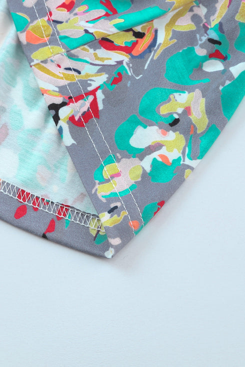 Abstract Floral Print Ruffle Sleeve V Neck Babydoll Blouse