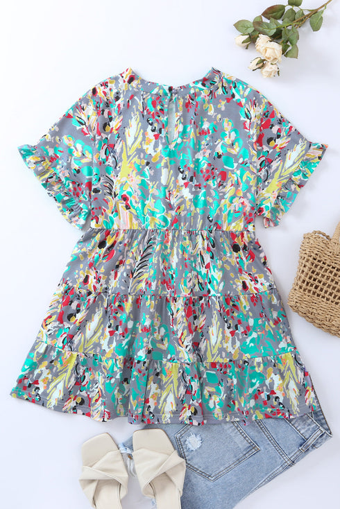 Abstract Floral Print Ruffle Sleeve V Neck Babydoll Blouse