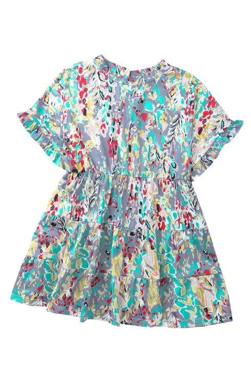 Abstract Floral Print Ruffle Sleeve V Neck Babydoll Blouse
