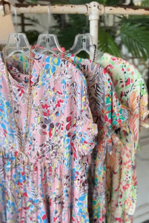 Abstract Floral Print Ruffle Sleeve V Neck Babydoll Blouse