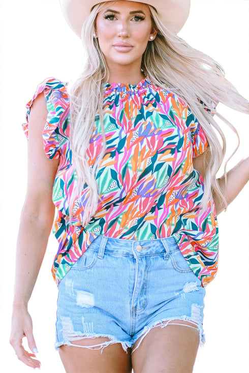 Abstract Floral Print Ruffled Flutter Sleeve Blouse