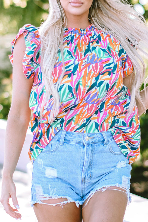 Abstract Floral Print Ruffled Flutter Sleeve Blouse