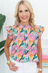 Abstract Floral Print Ruffled Flutter Sleeve Blouse