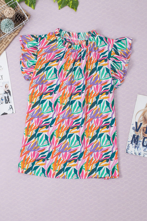 Abstract Floral Print Ruffled Flutter Sleeve Blouse
