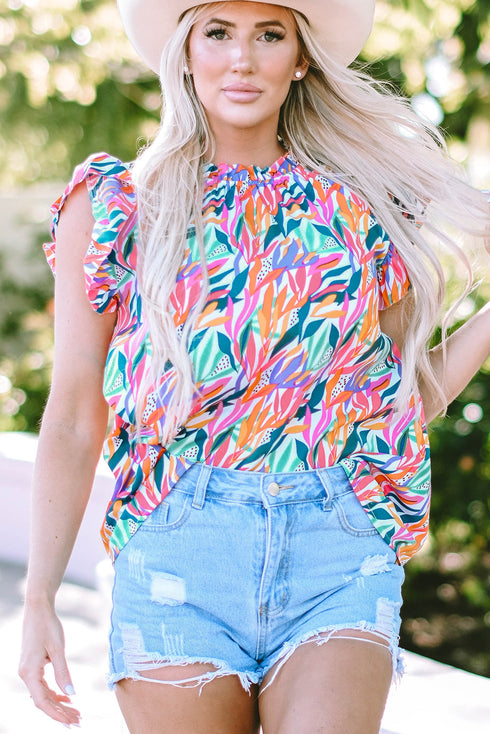 Abstract Floral Print Ruffled Flutter Sleeve Blouse