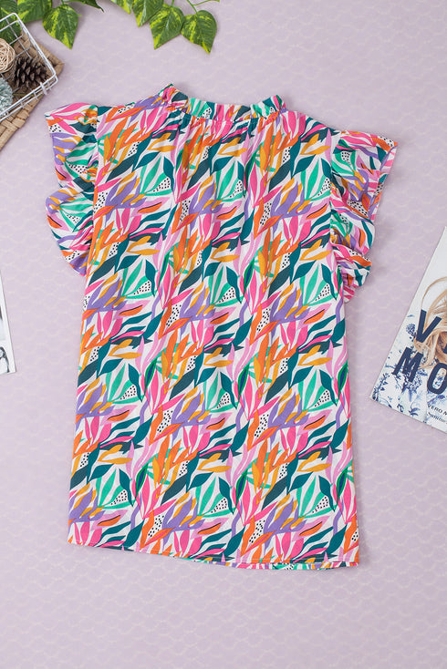 Abstract Floral Print Ruffled Flutter Sleeve Blouse