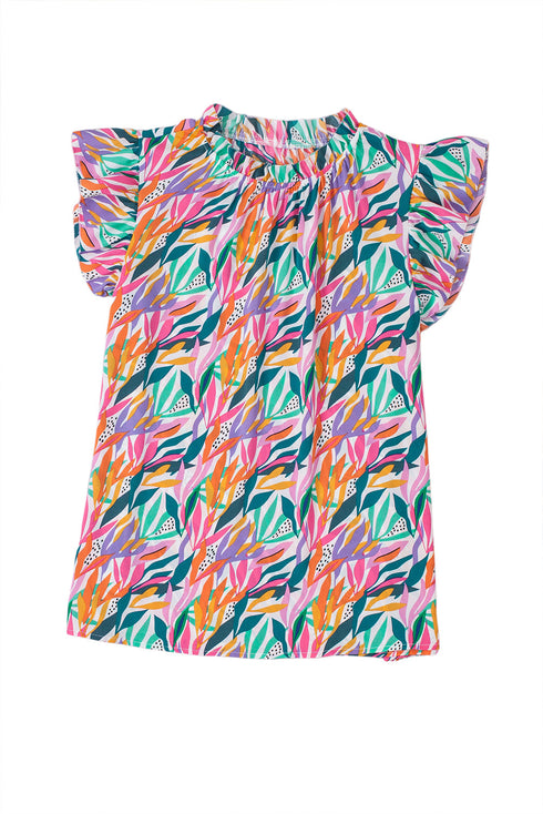 Abstract Floral Print Ruffled Flutter Sleeve Blouse