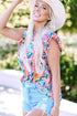Abstract Floral Print Ruffled Flutter Sleeve Blouse