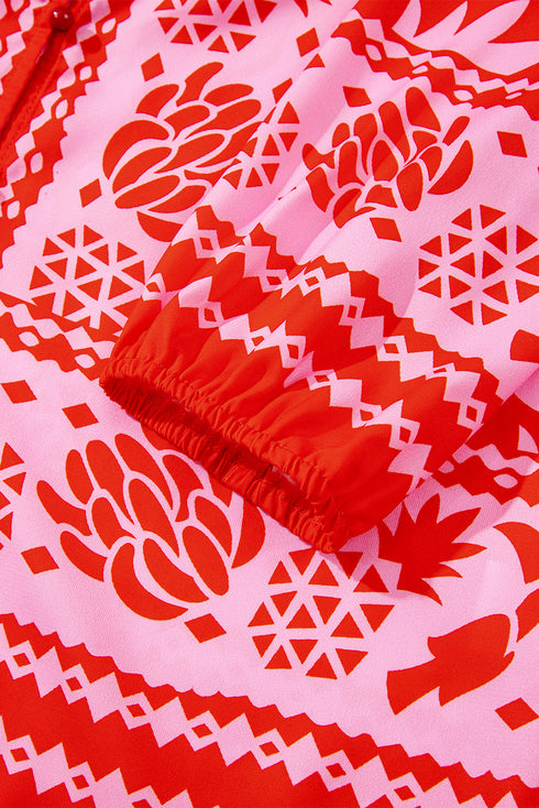 Abstract Floral Print Tie Neck Button Detail Blouse