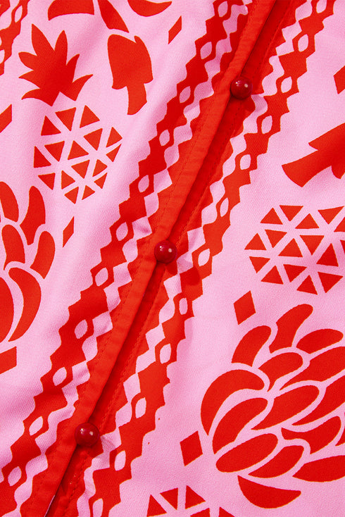 Abstract Floral Print Tie Neck Button Detail Blouse