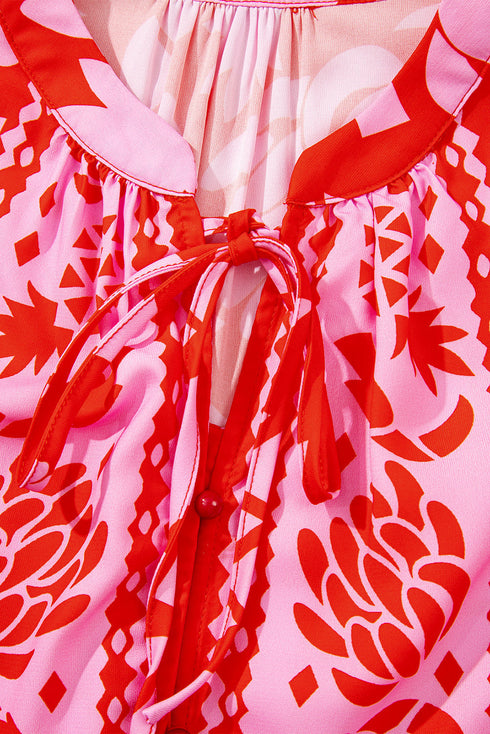 Abstract Floral Print Tie Neck Button Detail Blouse