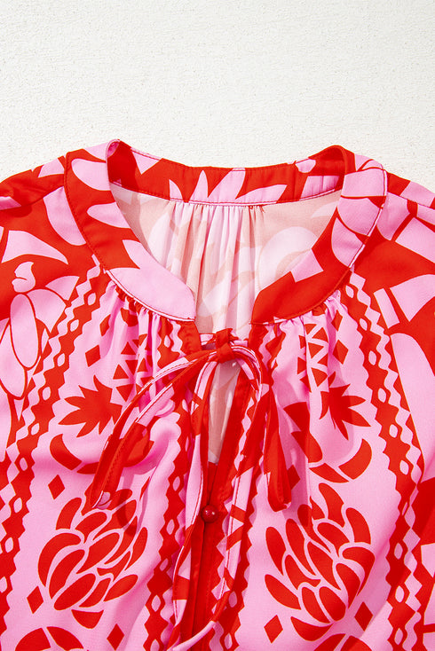 Abstract Floral Print Tie Neck Button Detail Blouse