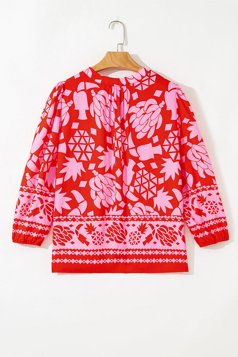 Abstract Floral Print Tie Neck Button Detail Blouse