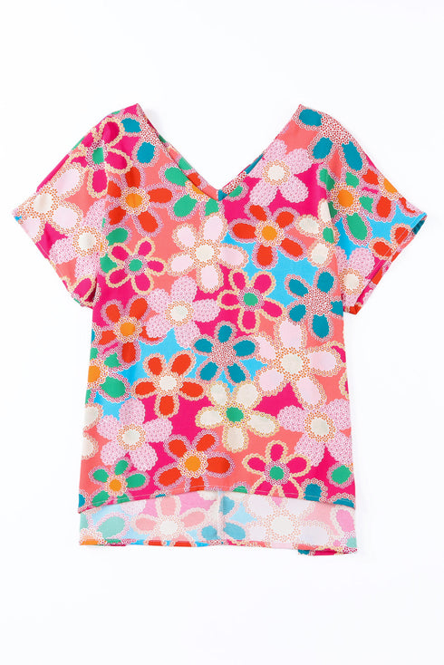 Abstract Floral Print V Neck Dolman Sleeve Blouse
