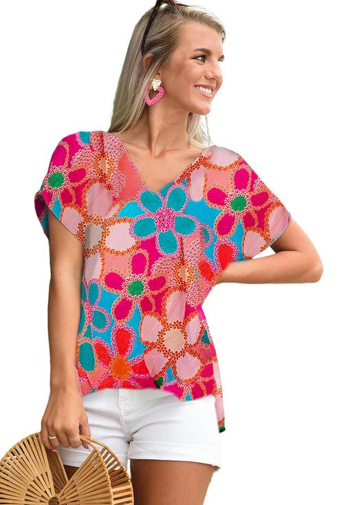 Abstract Floral Print V Neck Dolman Sleeve Blouse