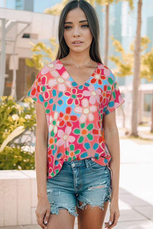 Abstract Floral Print V Neck Dolman Sleeve Blouse