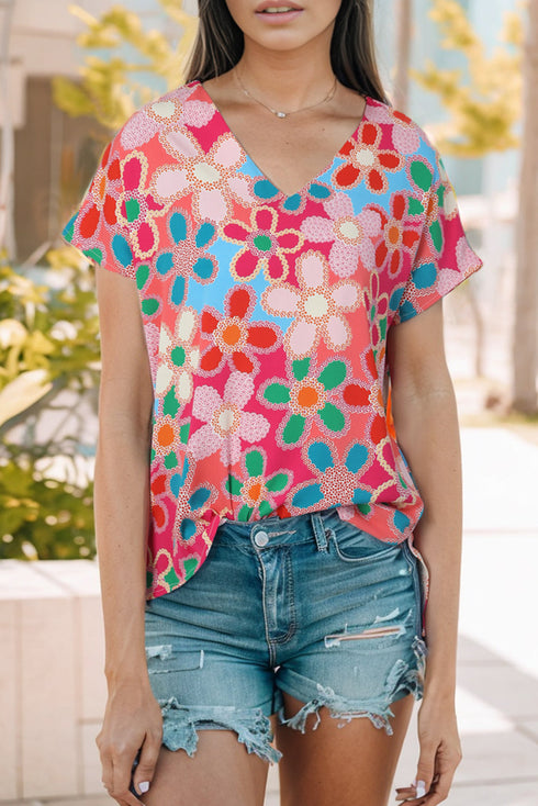Abstract Floral Print V Neck Dolman Sleeve Blouse