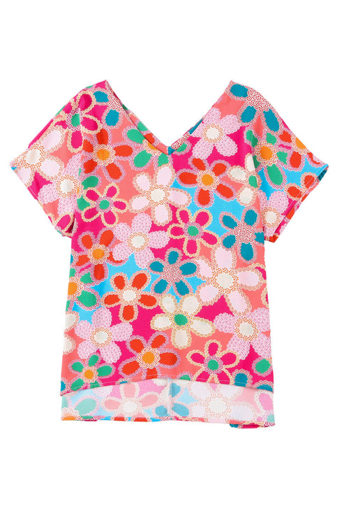 Abstract Floral Print V Neck Dolman Sleeve Blouse