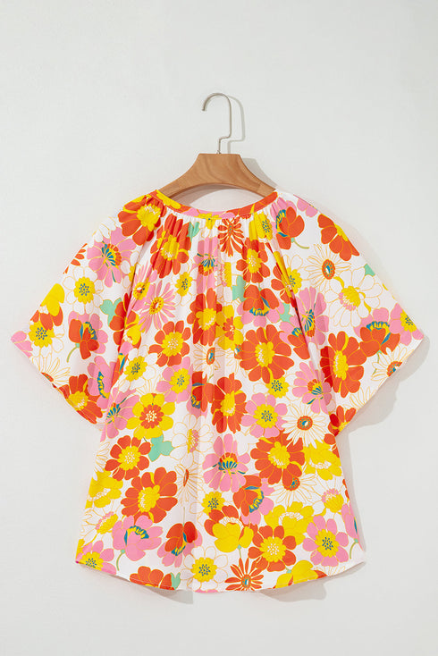 Abstract Floral Print V Neck Half Sleeve Relaxed Blouse