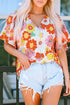 Abstract Floral Print V Neck Half Sleeve Relaxed Blouse