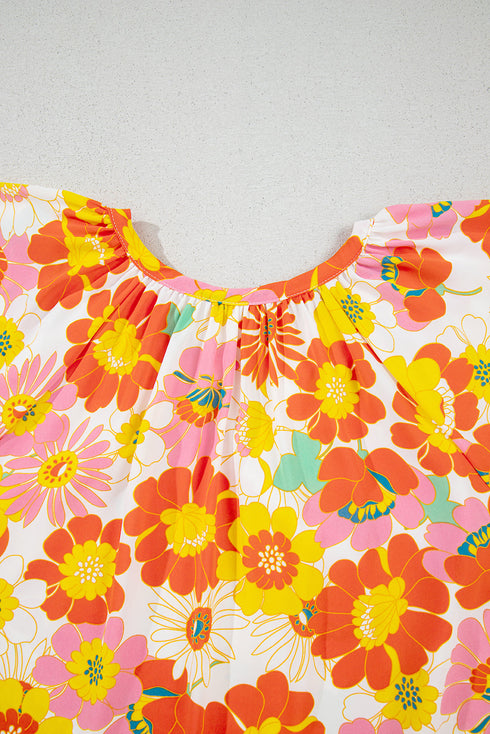 Abstract Floral Print V Neck Half Sleeve Relaxed Blouse