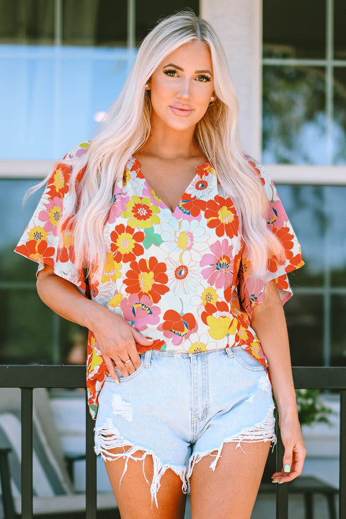 Abstract Floral Print V Neck Half Sleeve Relaxed Blouse