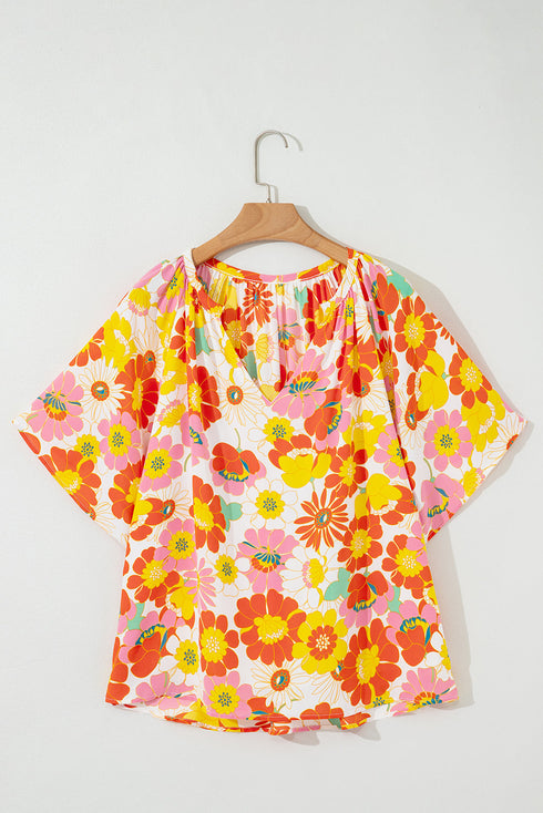 Abstract Floral Print V Neck Half Sleeve Relaxed Blouse