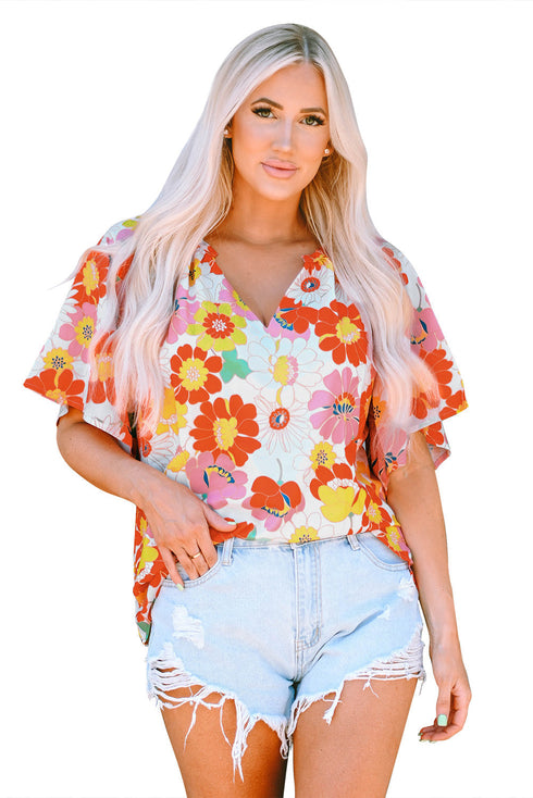 Abstract Floral Print V Neck Half Sleeve Relaxed Blouse