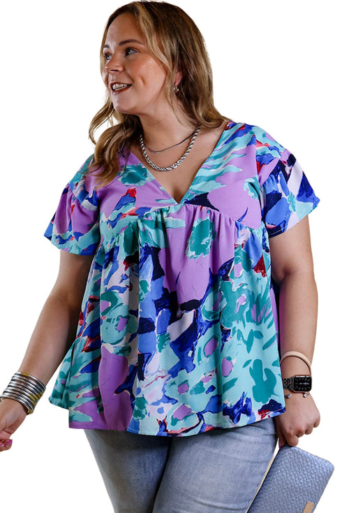 Abstract Floral Print V Neck Plus Blouse