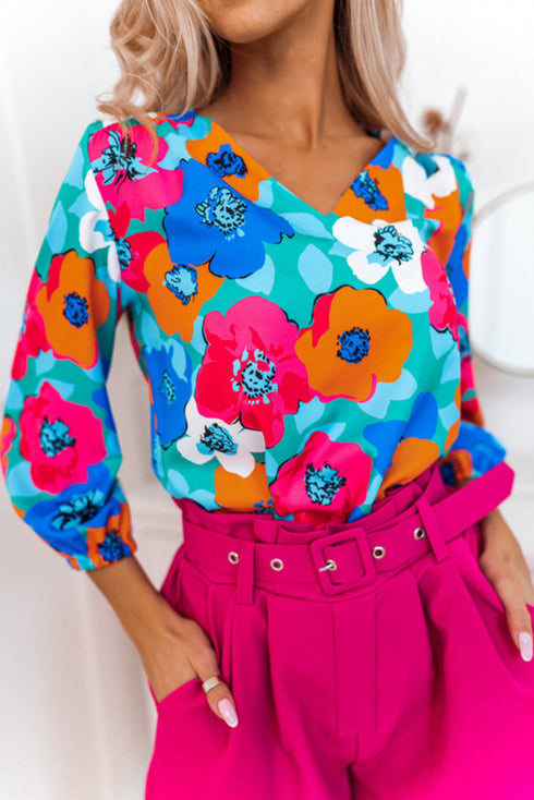 Abstract Floral Print V Neck Three Quarter Sleeve Blouse