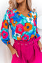 Abstract Floral Print V Neck Three Quarter Sleeve Blouse