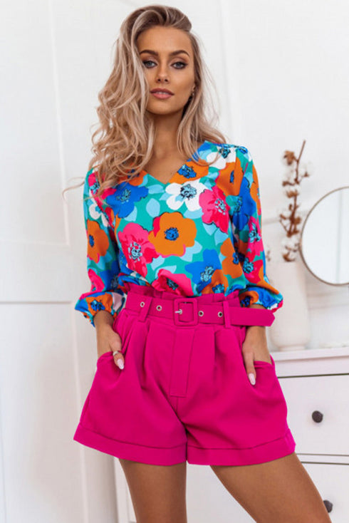 Abstract Floral Print V Neck Three Quarter Sleeve Blouse