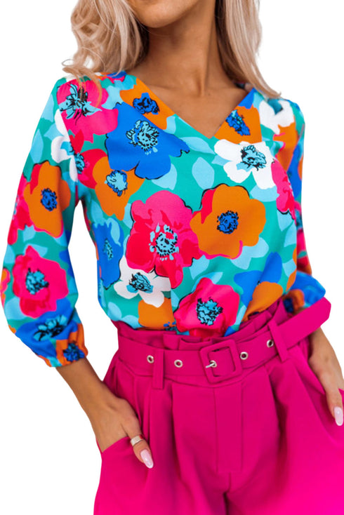 Abstract Floral Print V Neck Three Quarter Sleeve Blouse