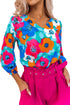 Abstract Floral Print V Neck Three Quarter Sleeve Blouse