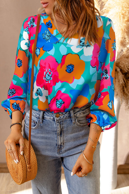 Abstract Floral Print V Neck Three Quarter Sleeve Blouse