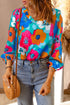 Abstract Floral Print V Neck Three Quarter Sleeve Blouse