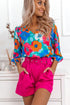 Abstract Floral Print V Neck Three Quarter Sleeve Blouse