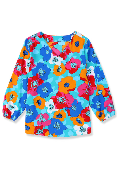 Abstract Floral Print V Neck Three Quarter Sleeve Blouse