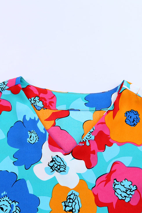 Abstract Floral Print V Neck Three Quarter Sleeve Blouse