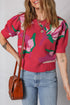 Abstract Floral Puff Sleeve Jacquard Short Sleeve Sweater