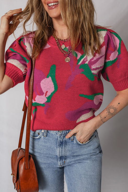 Abstract Floral Puff Sleeve Jacquard Short Sleeve Sweater