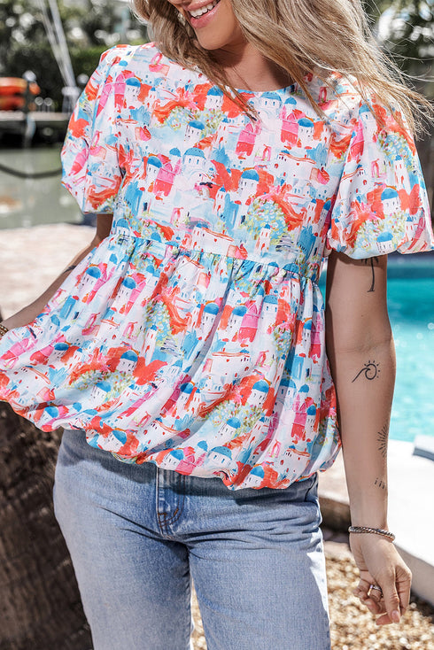 Abstract Floral Puff Sleeve Square Neck Babydoll Blouse