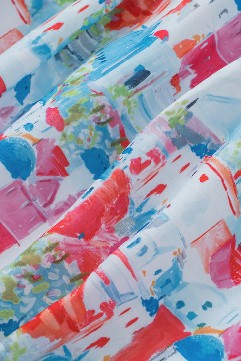 Abstract Floral Puff Sleeve Square Neck Babydoll Blouse