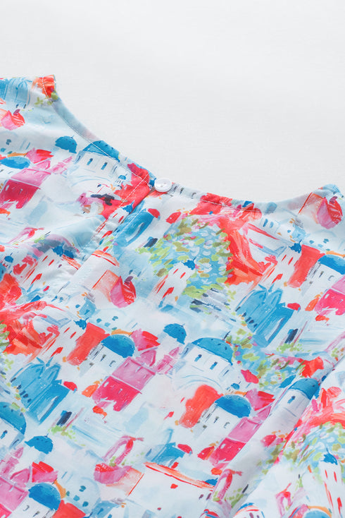 Abstract Floral Puff Sleeve Square Neck Babydoll Blouse