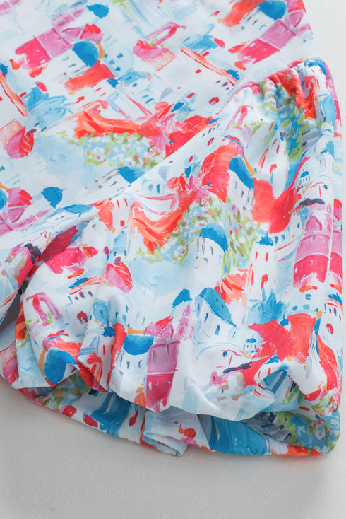 Abstract Floral Puff Sleeve Square Neck Babydoll Blouse