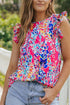 Abstract Floral Ruffle Sleeve Relaxed V Neck Tank Top