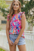 Abstract Floral Ruffle Sleeve Relaxed V Neck Tank Top