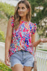 Abstract Floral Ruffle Sleeve Relaxed V Neck Tank Top