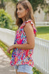 Abstract Floral Ruffle Sleeve Relaxed V Neck Tank Top