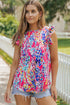 Abstract Floral Ruffle Sleeve Relaxed V Neck Tank Top
